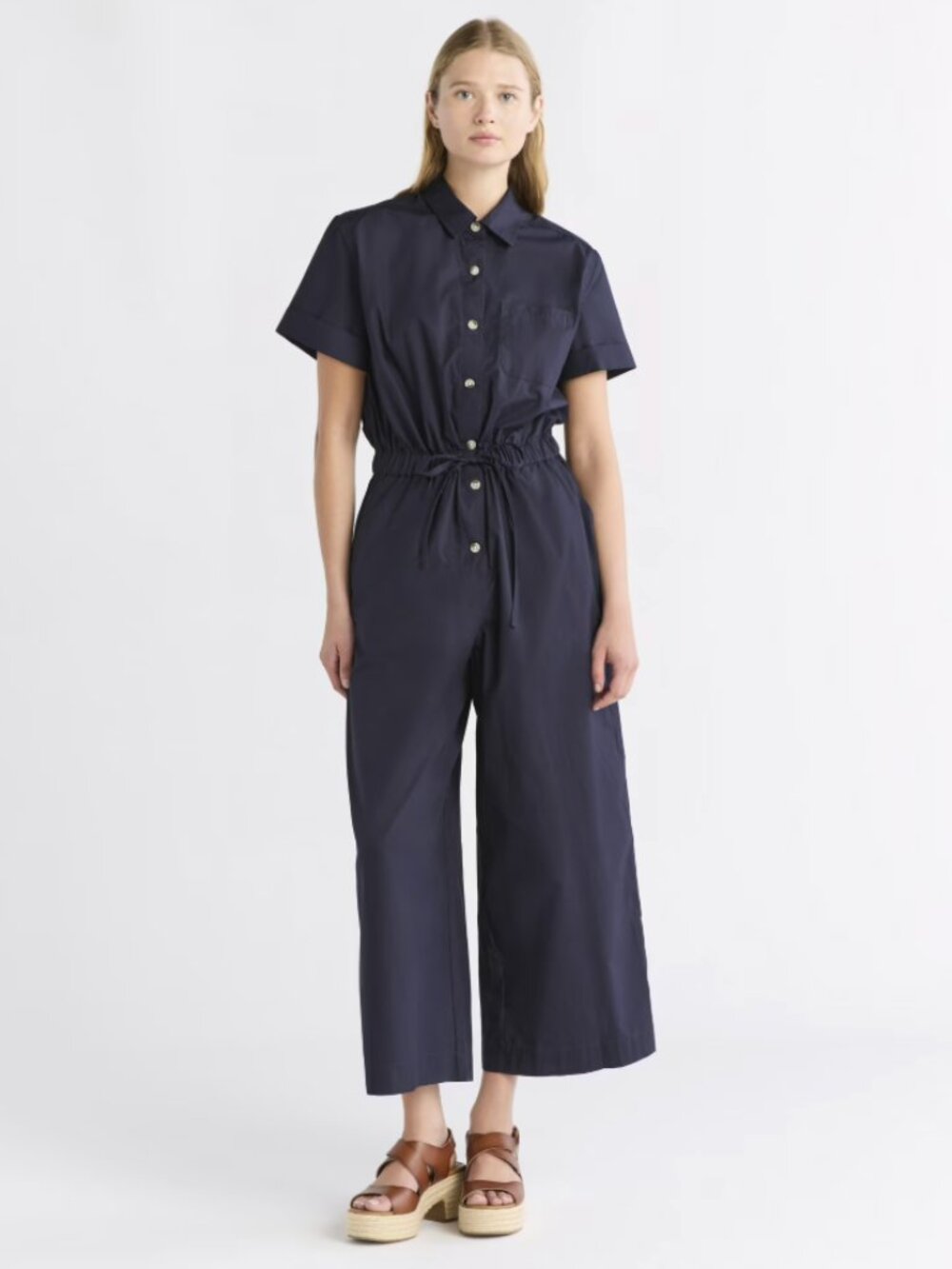 Free Assembly Navy Cotton Utility Jumpsuit XS Cropped Button Front Belted